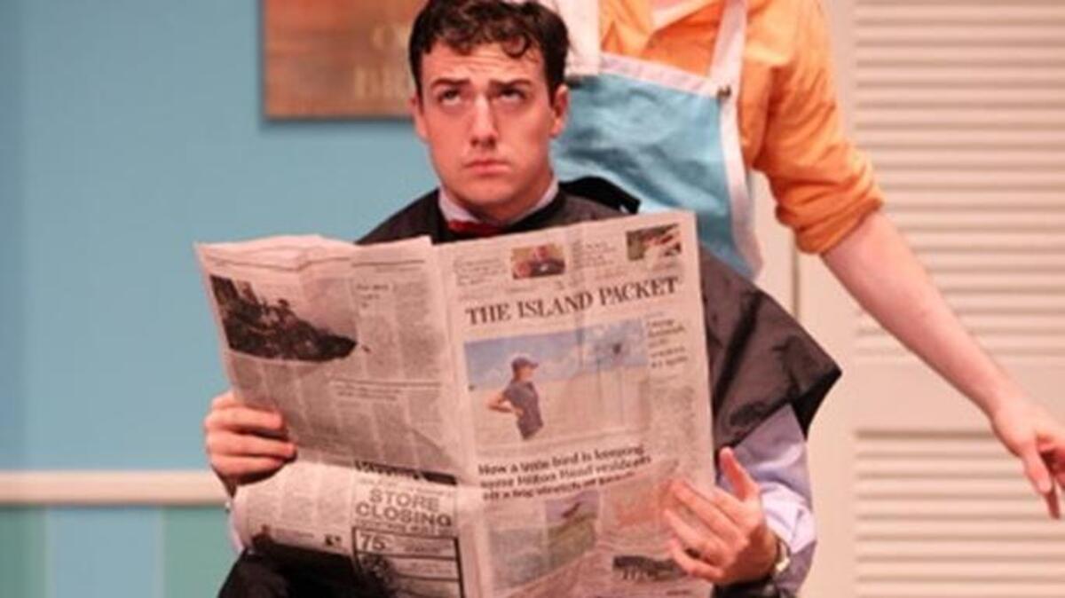 Pat Swearingen and Brady Wease star in the Southeastern Summer Theatre Institute’s production of “Shear Madness” at Main Street Theatre.