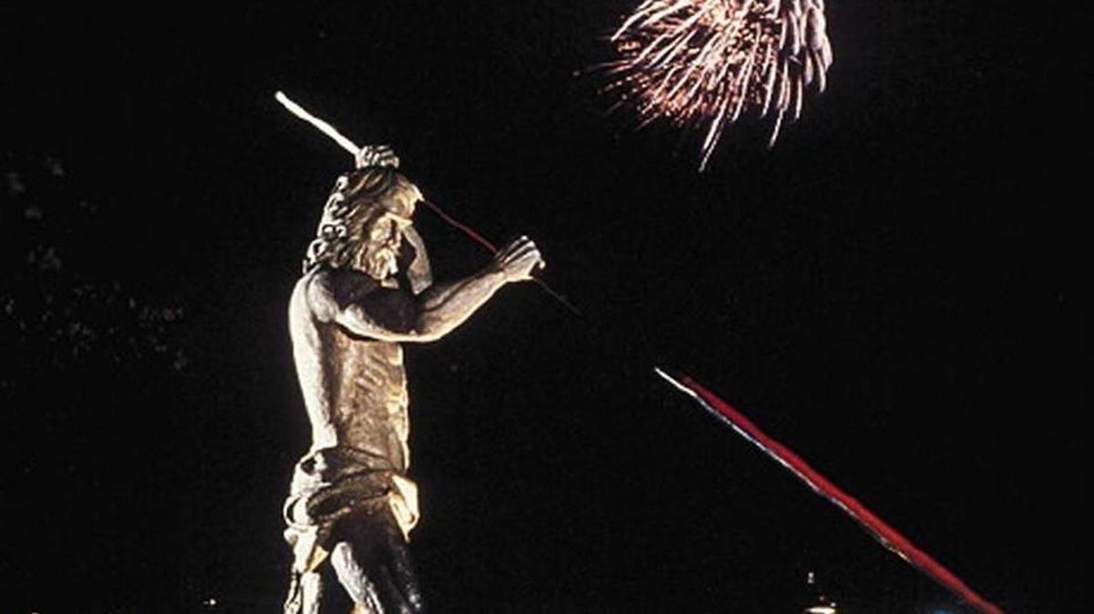 FILE: Fireworks explode in the sky in the background behind the statue of Neptune at Shelter Cove on Hilton Head Island in this photo from the 2011 HarbourFest.