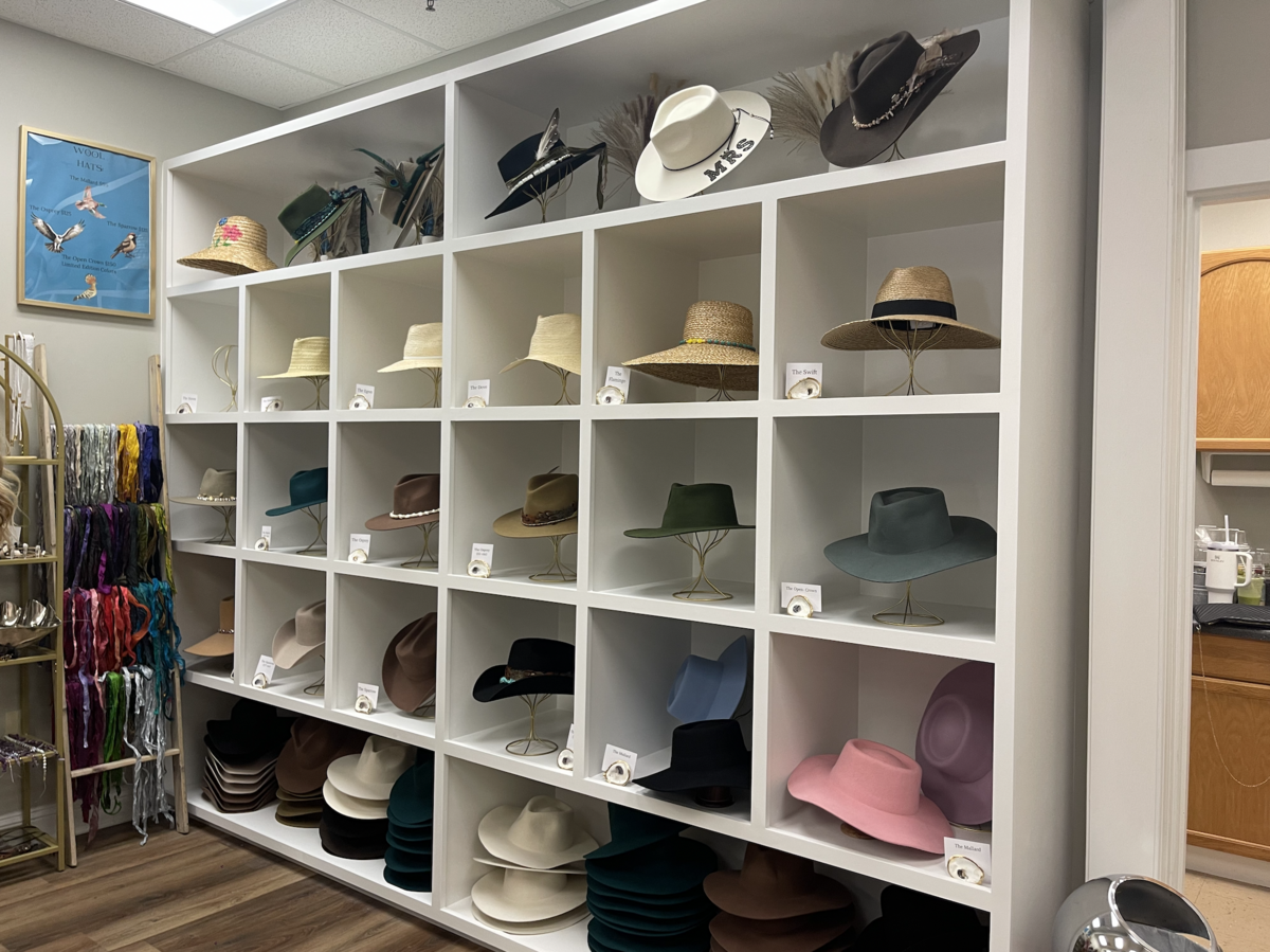 The shop offers 16 different styles of wool and straw hats in a range of brim widths, colors and sizes.