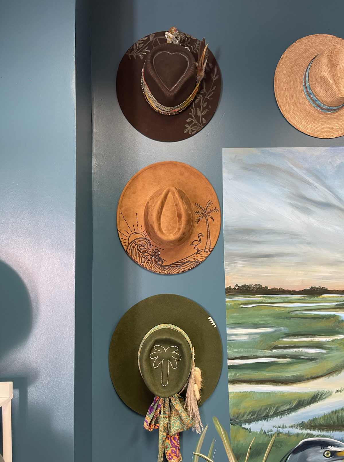 Available hats range in style, color, brim width and size. Custom touches make them all the more unique.