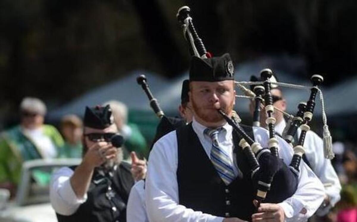 FILE: Pipers play in formation at the 32nd Hilton Head Island St. Patrick's Day Parade.