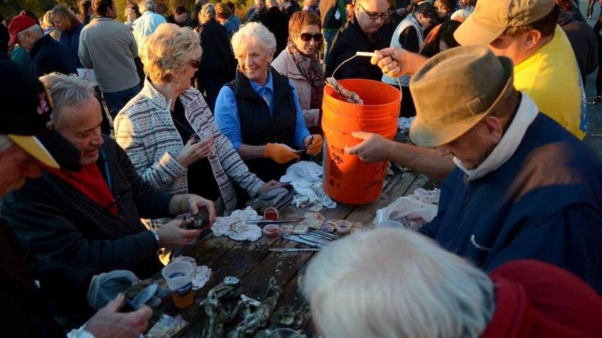 Diners shuck oysters at last year’s Rotary Club of Bluffton’s oyster roast.