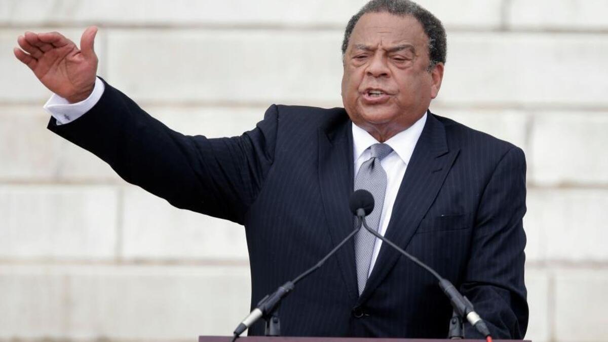 Former United Nations Ambassador Andrew Young speaks at the Let Freedom Ring ceremony at the Lincoln Memorial in Washington to commemorate the 50th anniversary of the 1963 March on Washington for Jobs and Freedom.
