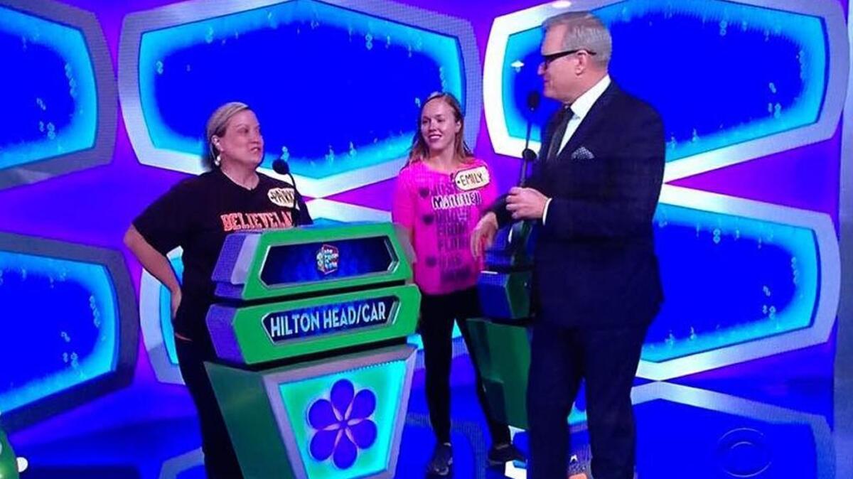 Patti Masa, left, talks with “The Price Is Right” host Drew Carey during a show that aired Apr. 4, 2016. Masa won a trip to Hilton Head Island during the Showcase Showdown portion of the show.