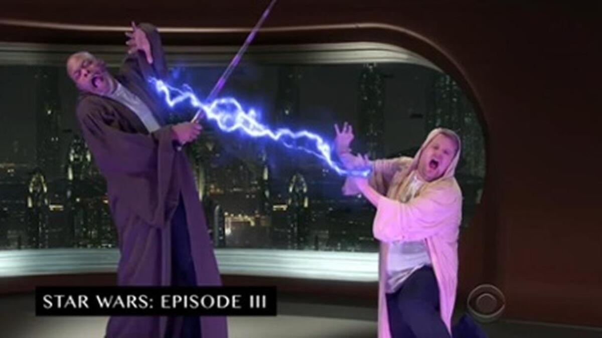 James Corden and Samuel L. Jackson recreate Jackson’s iconic movie moments on Corden’s “Late Late Show” during a segment on the March 8, 2017, show.