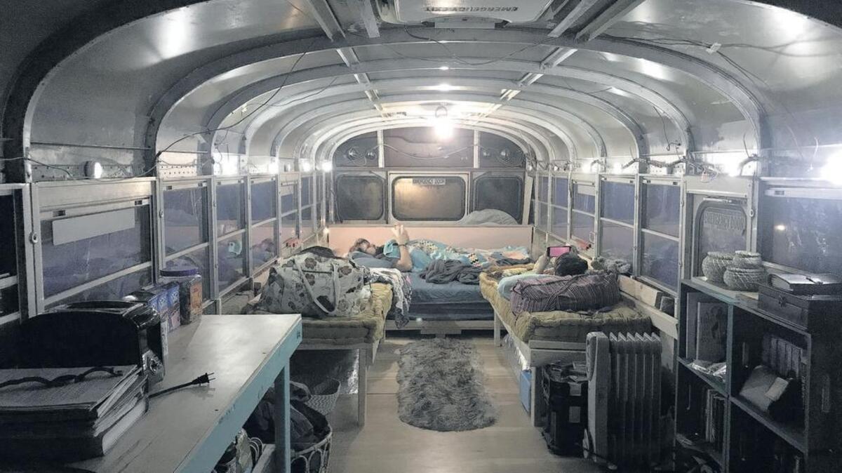 With beds in place, this school bus is feeling more like home.
