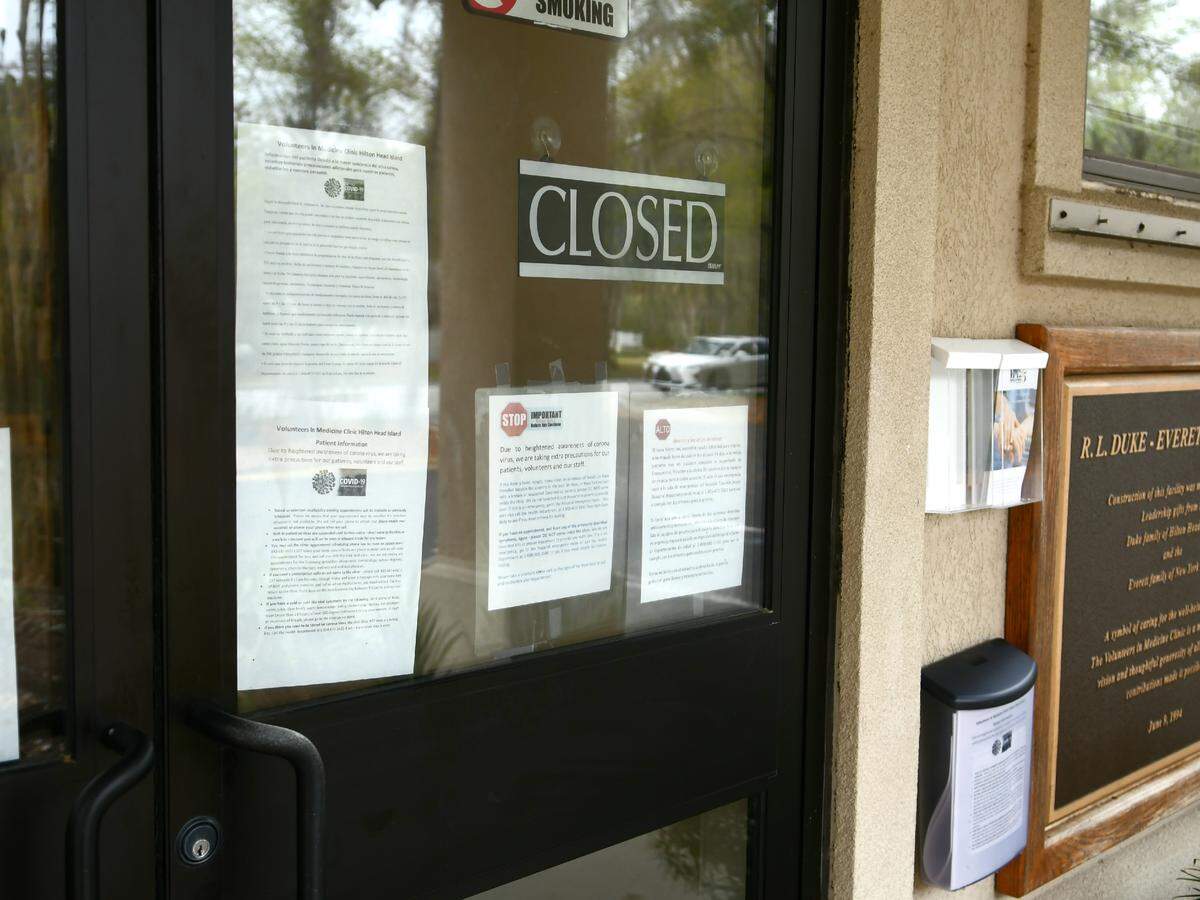 Walk-in care has been suspended at Hilton Head Island’s Volunteers in Medicine as seen on Wednesday, March 18, 2020, because of the COVID-19 virus. Those seeking medical care are instructed to take directions from a box to the right of the door on how to proceed to keep themselves and volunteers healthy and safe.
