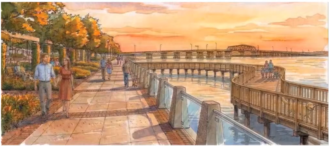 The hybrid option for repairing the support structures under the promenade at Beaufort’s Waterfront Park includes installing a new raised platform under the walkway and amenities like this dock. The dock would allow visitors to stroll farther out into the river. While this option is likely to be “too far over the top” for most residents, the rendering is meant to foster discussion, said Bill Barna of McSweeney Engineers.