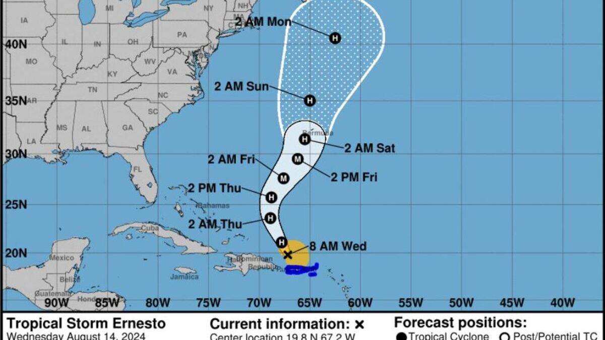 Hurricane Ernesto forecast cone on Wednesday, Aug. 14, 2024.