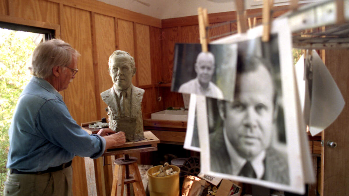 Pictured is sculptor Ralph Ballantine in 1993 working on the bust of Charles Fraser in his studio at this home on Hilton Head Island. The bronzed bust was placed under the Liberty Oak in Harbour Town in Sea Pines to honor the developer. Ballantine used pictures of Fraser from different periods of his life to make a composite sculpture.