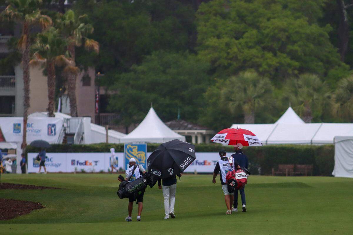 Play was suspended during the opening round of the 2023 RBC Heritage Presented by Boeing on Thursday April 13, 2023, at Harbour Town Golf Links on Hilton Head Island, S.C.