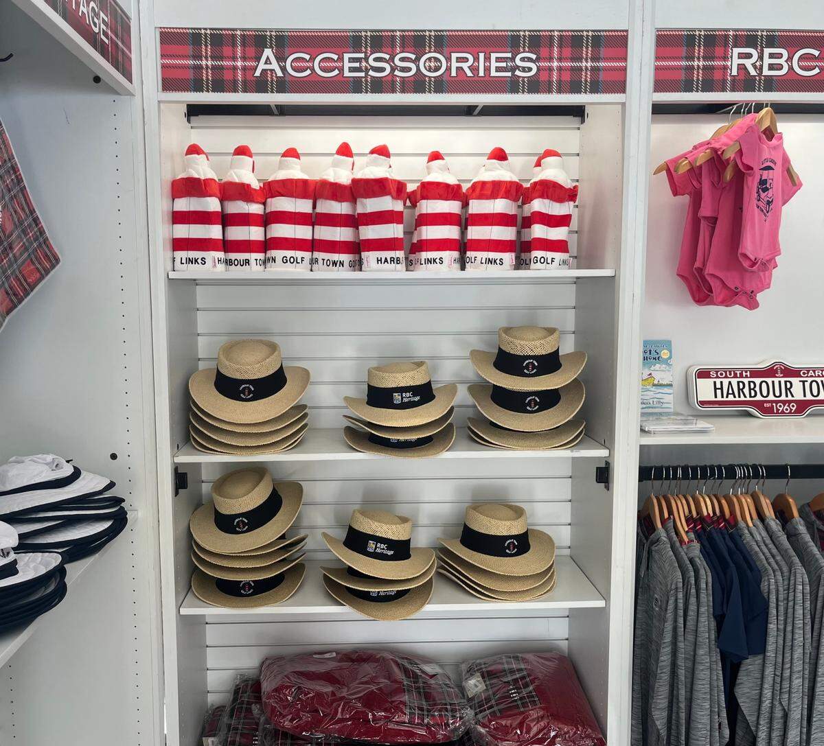 Blankets, hats and lighthouse accessories for purchase at the Peter Millar Golf Shop on Friday, April 18, 2025