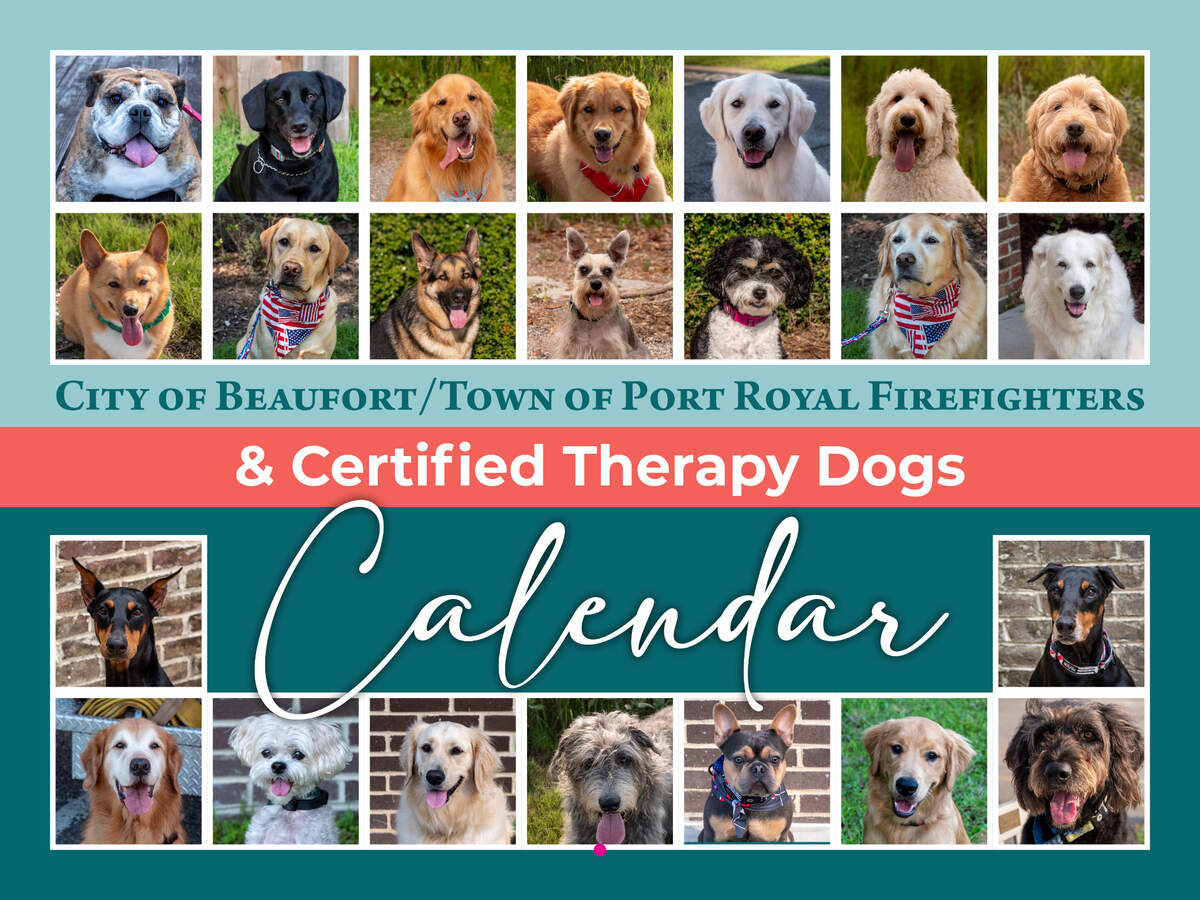 A 20-month calendar created by Rebecca W. Bass features Beaufort and Port Royal firefighters and therapy dogs as models.