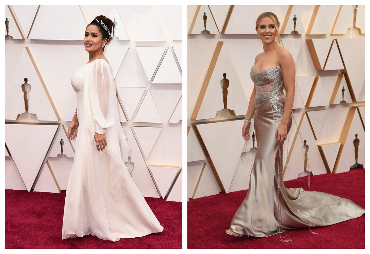 Salma Hayek and Scarlett Johansson arrive at the Oscars on Sunday, Feb. 9, 2020, at the Dolby Theatre in Los Angeles.&nbsp;