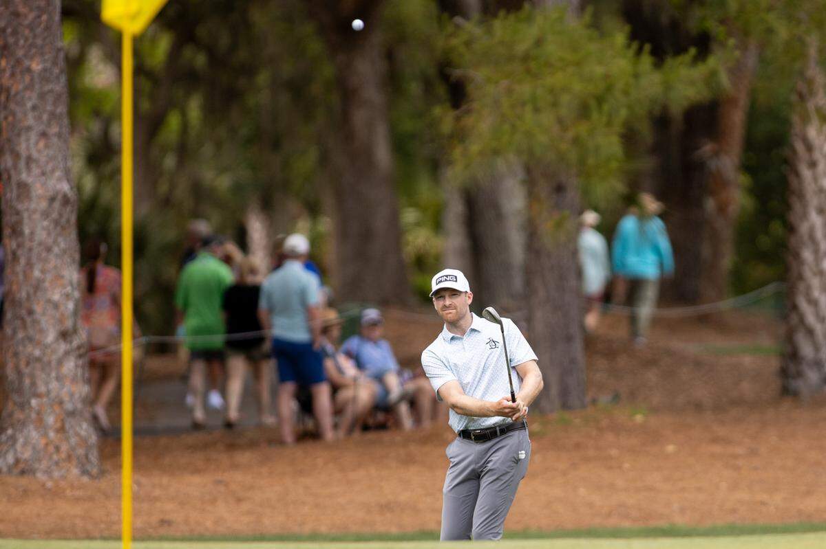 Brian Campbell watches his ball onto the green of the 11th hole during the second round of the RBC Heritage at Harbour Town Golf Links on April 18, 2025, in Sea Pines on Hilton Head Island.