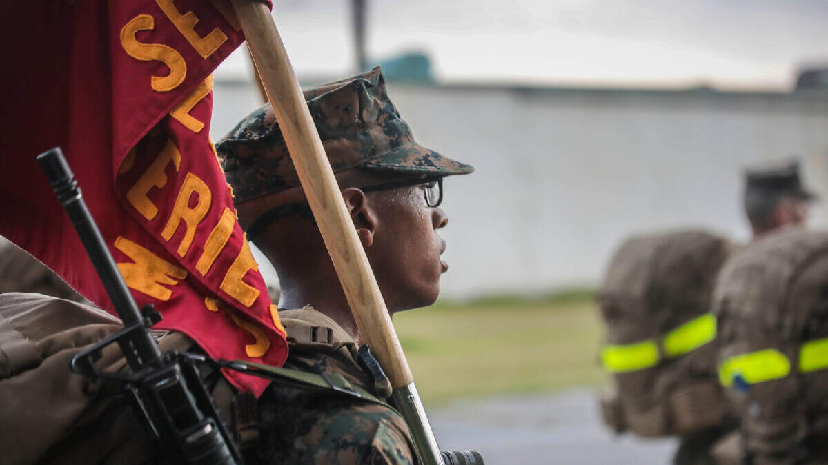 A Marine Corps trainee conducts a 5-kilometer hike on Saturday, Aug. 25, 2018, at Marine Corps Recruit Depot Parris Island, S.C.