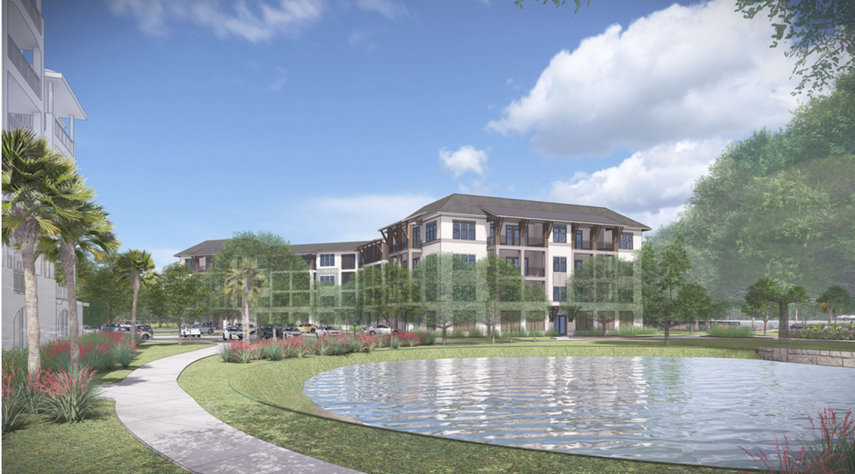 This four-story building is one of three apartment buildings that will be built along the Broad Creek.