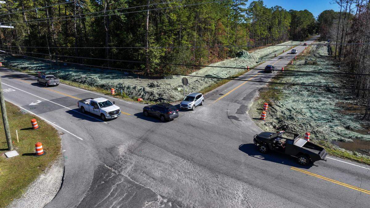 Work continues on straightening the intersection of Argent Boulevard, Jasper Station and Short Cut roads as photographed on Nov. 18, 2025. The City of Hardeeville reports the re-configured intersection will soon have a 4-way traffic signal.