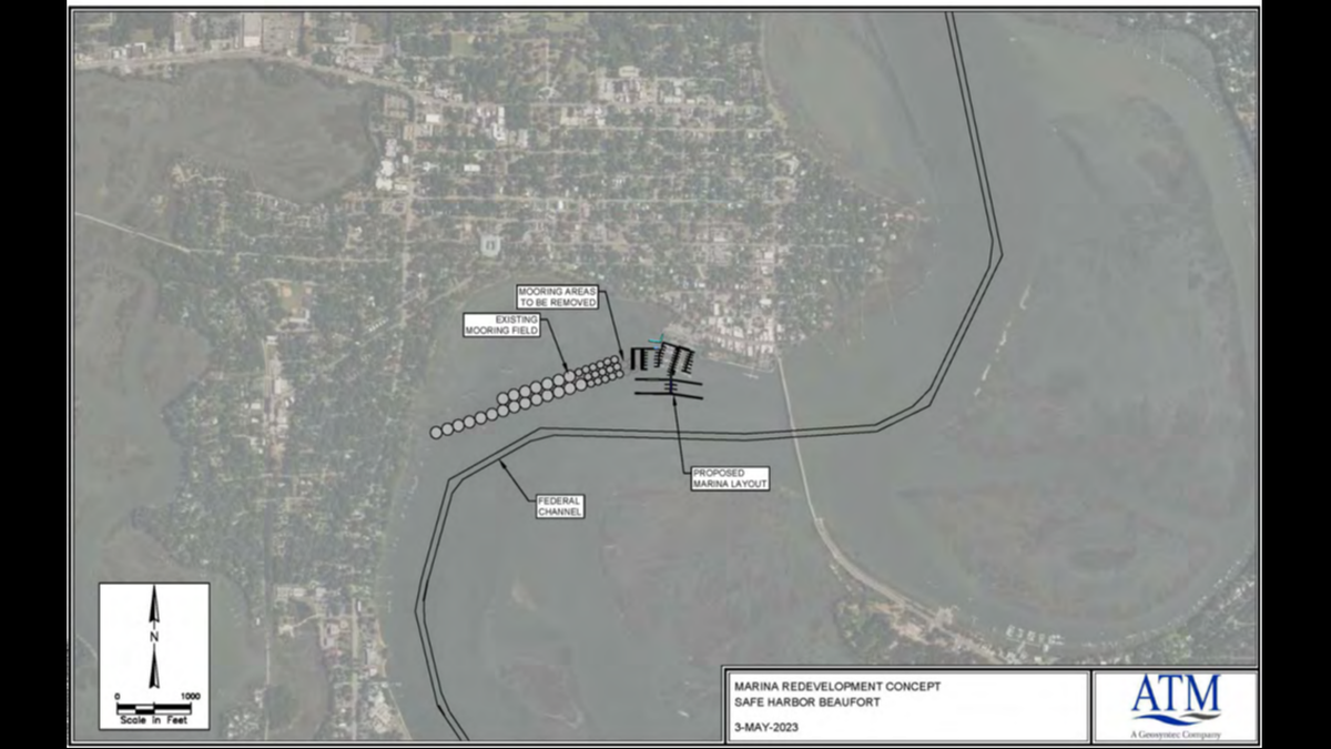 This shows the layout of the proposed marina expansion from above.