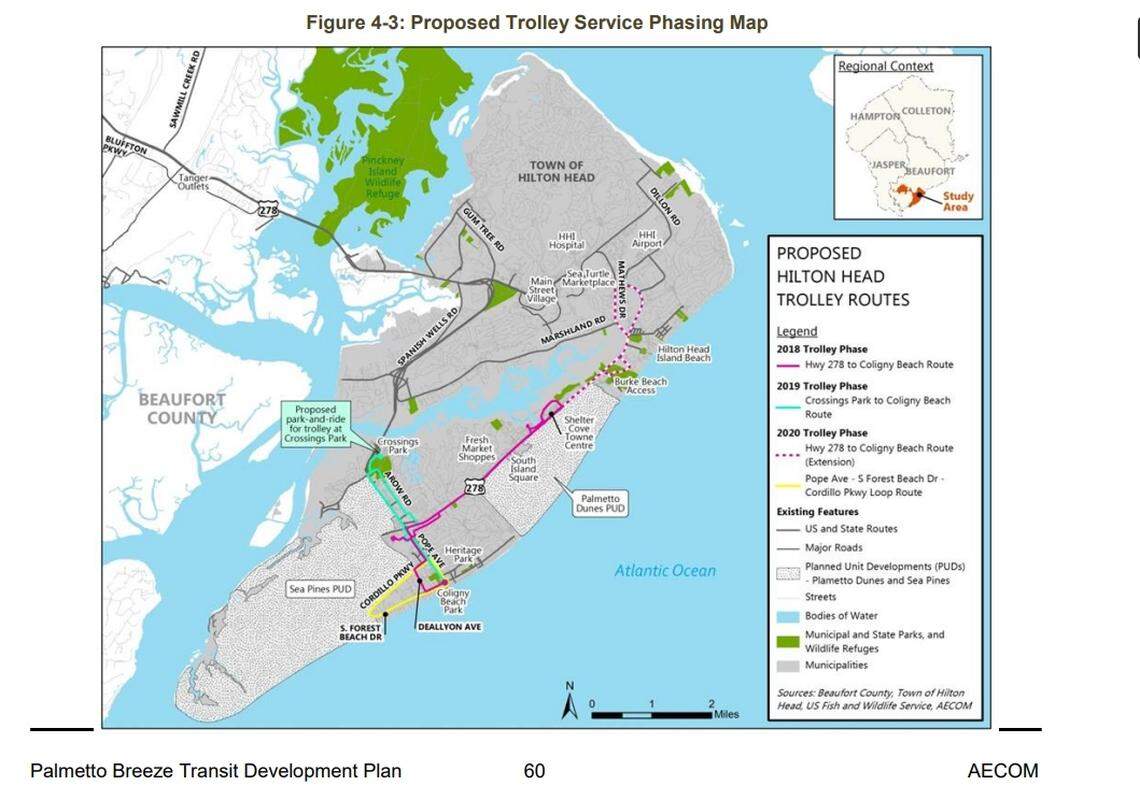 Proposed Hilton Head Island trolley routes.