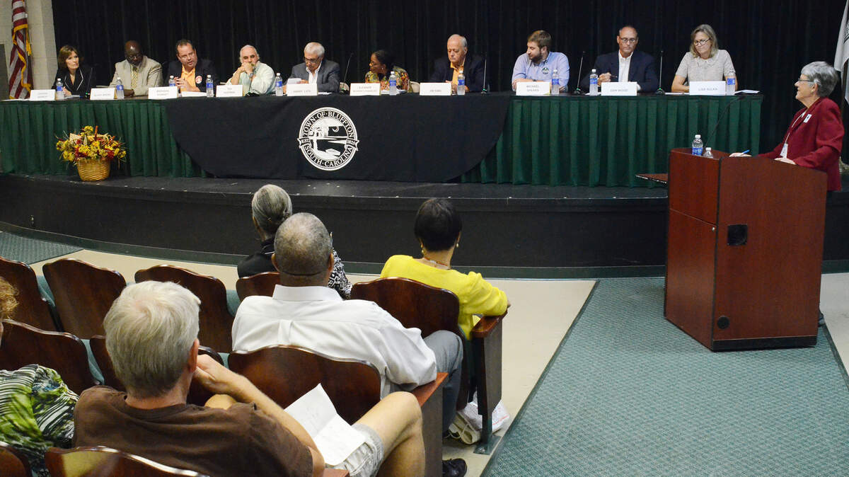 Bluffton town council and mayoral candidates debate during a Bluffton mayoral and candidate forum Oct. 7. The event was hosted by the League of Women Voters at Bluffton Town Hall.