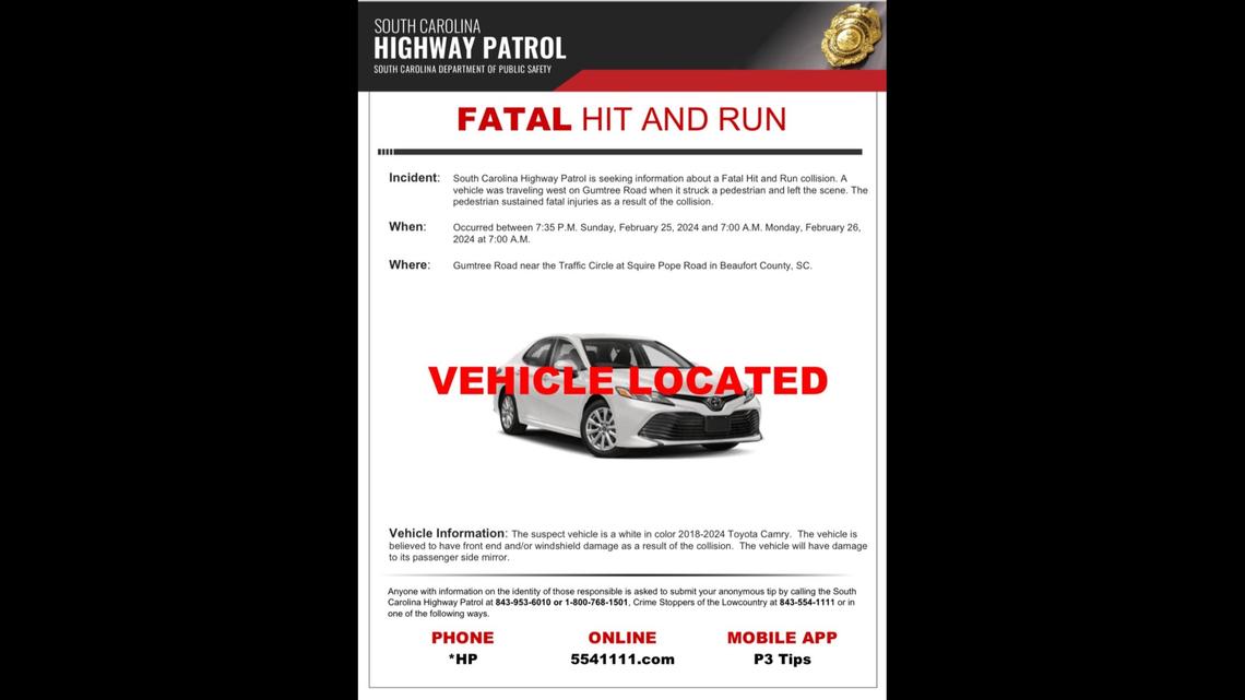 The South Carolina Highway Patrol identified and located the car potentially used in Monday’s fatal hit-and-run on Hilton Head Island.