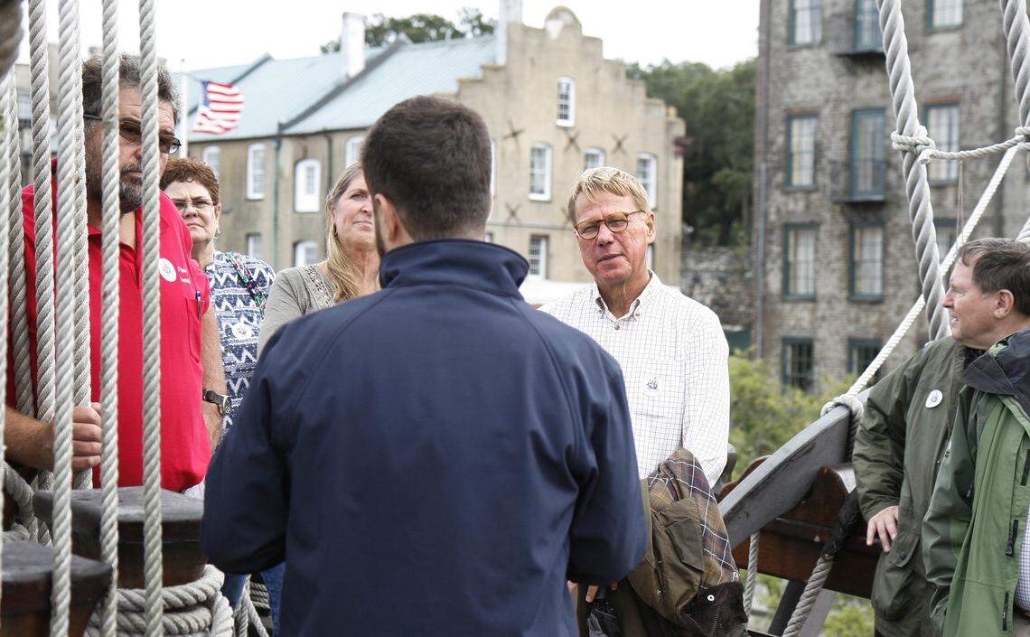 Andy Beall, center facing, executive director of the Santa Elena Foundation, listens as the captain of the El Galeon, a 16th-century Spanish galleon replica, talks about the ship and its workings on Oct. 5, 2015. The ship was docked off River Street in downtown Savannah, Ga. The Santa Elena Foundation is working to bring the ship to Beaufort next year for the 450th-anniversary celebration of Pedro Menendez de Aviles' landing in Port Royal.