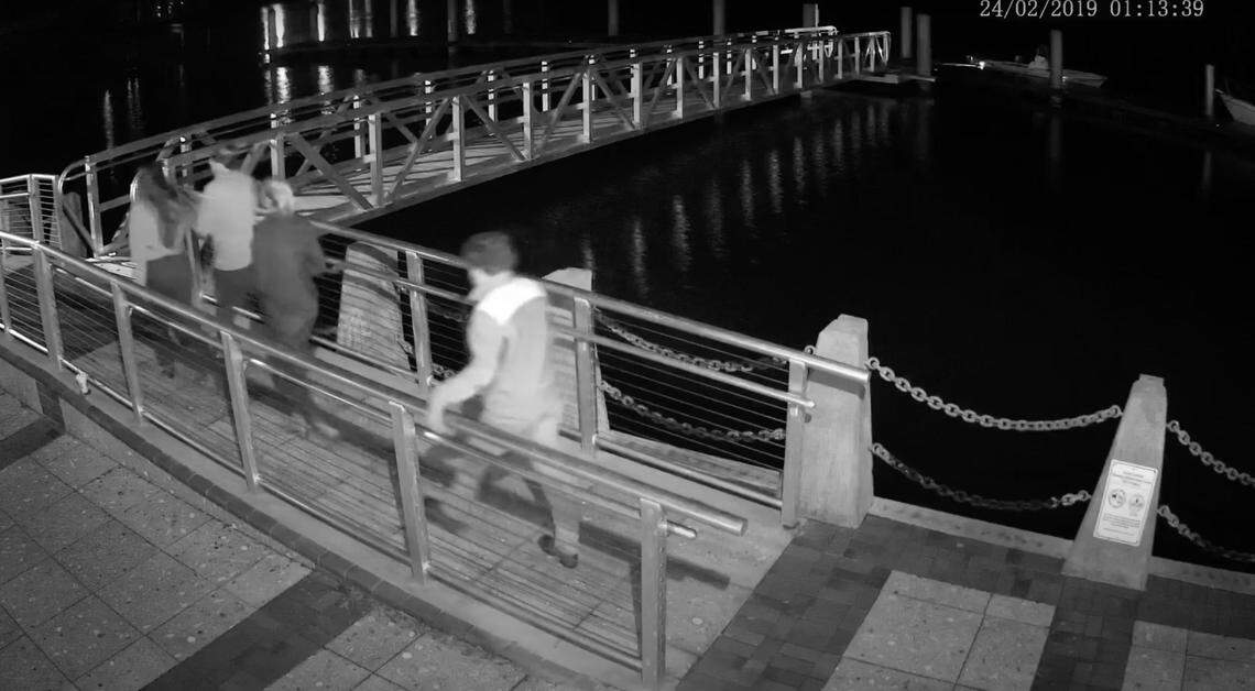 A screenshot of surveillance footage shows Paul Murdaugh and the five other boat passengers on the day dock in downtown Beaufort. This was part of a recent release of documents in the 2019 boat crash criminal investigation conducted by the SC Department of Natural Resources.