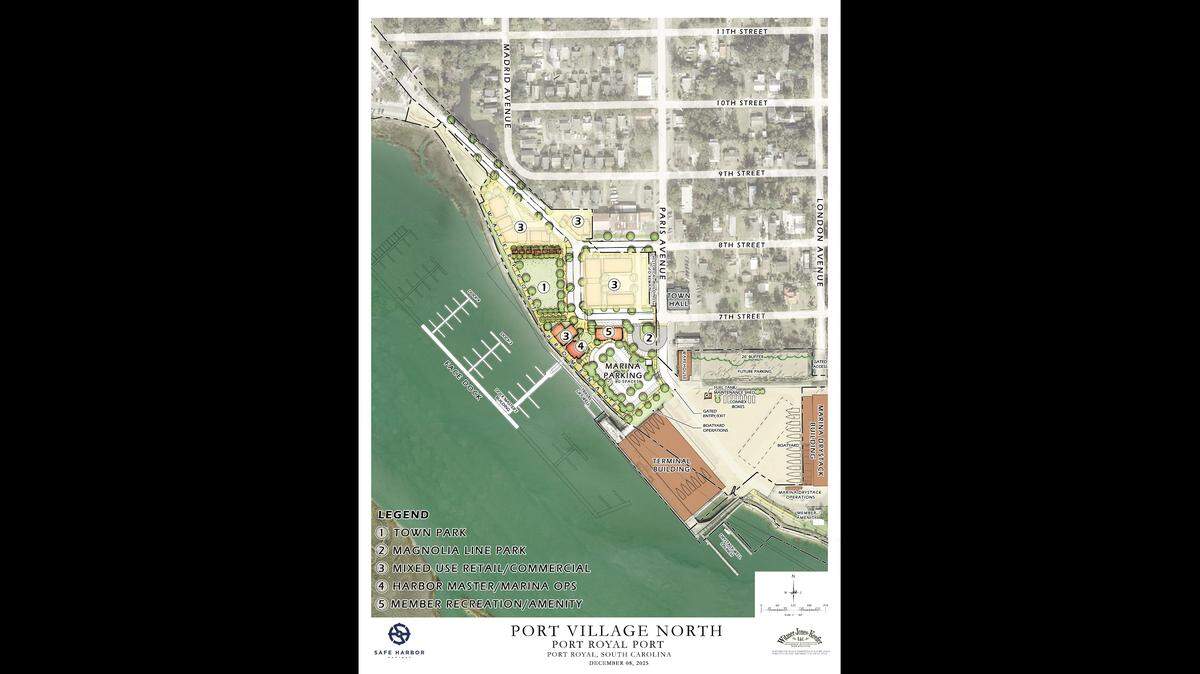 A master plan for the Port Royal waterfront has been submitted to the Town Council for consideration. No. 1 is a town park. No. 2 is a smaller pocket park and a turnaround for vehicles. No. 3 is mixed-used commercial. No. 4 is a harbor master/marina operations building. Also shown are the docks that are planned and a waterfront promenade.