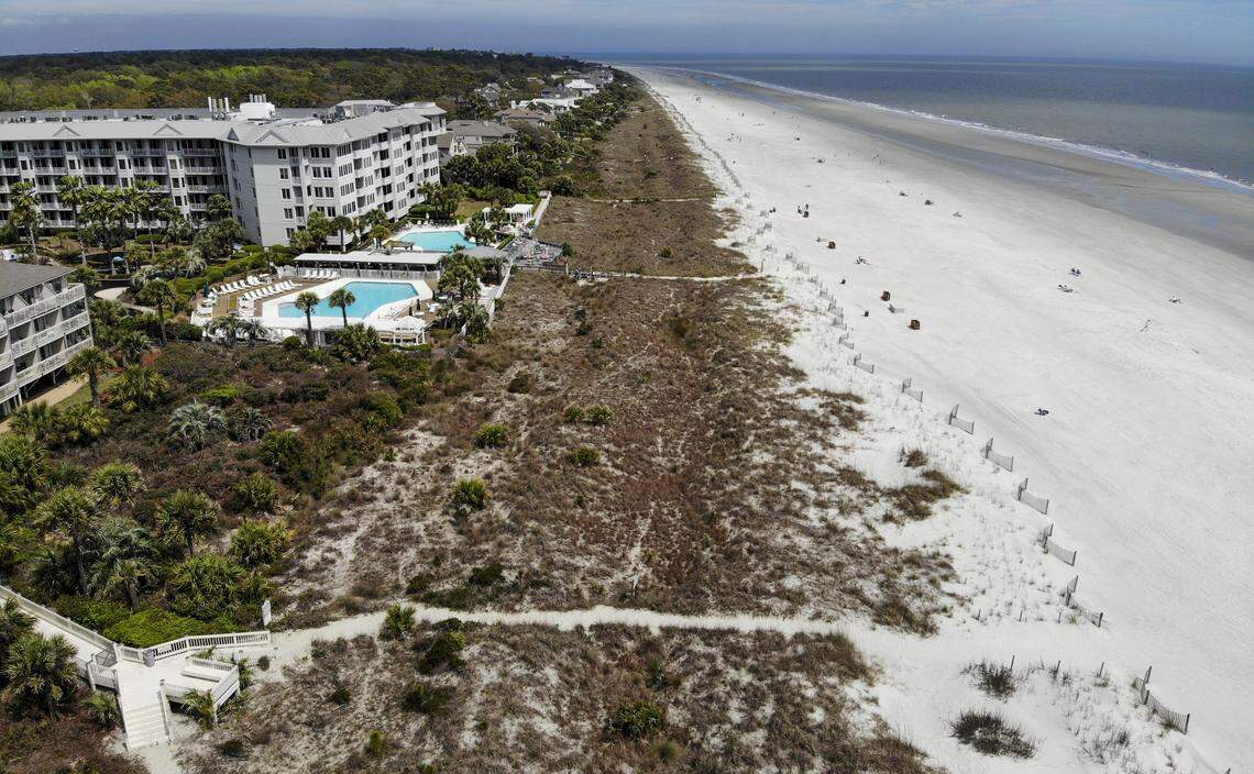 In this drone photo taken at Coligny Beach Park looking up Hilton Head Island’s beach on Tuesday, March 24, 2020, an empty beach is seen after Hilton Head Mayor John McCann closed the beach on Friday because of the coronavirus.