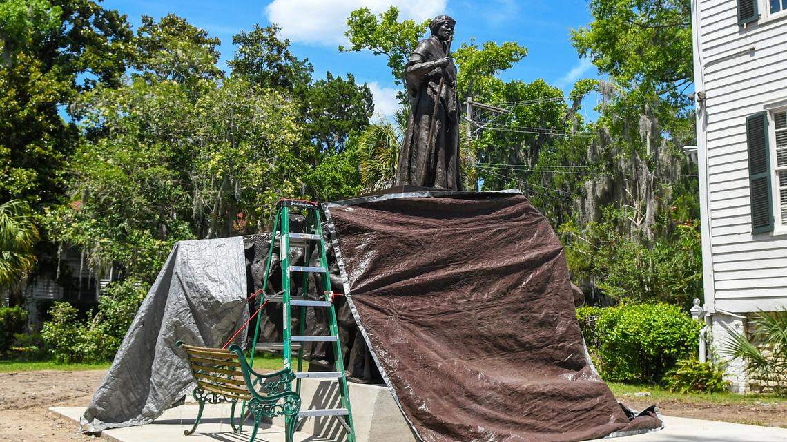 Harriet Tubman rises out of the covered monument that will be unveiled this Saturday at 1 p.m. at Tabernacle Baptist Church on Craven Street in Historic Beaufort.