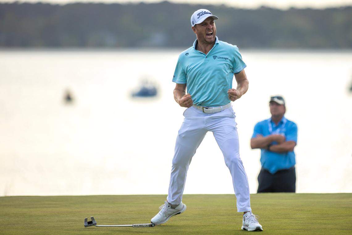Justin Thomas celebrates the tournament winning putt on the 18th hole following the final round of the RBC Heritage Presented by Boeing at Harbour Town Golf Links on Sunday, April 20, 2025, in Sea Pines on Hilton Head Island. 