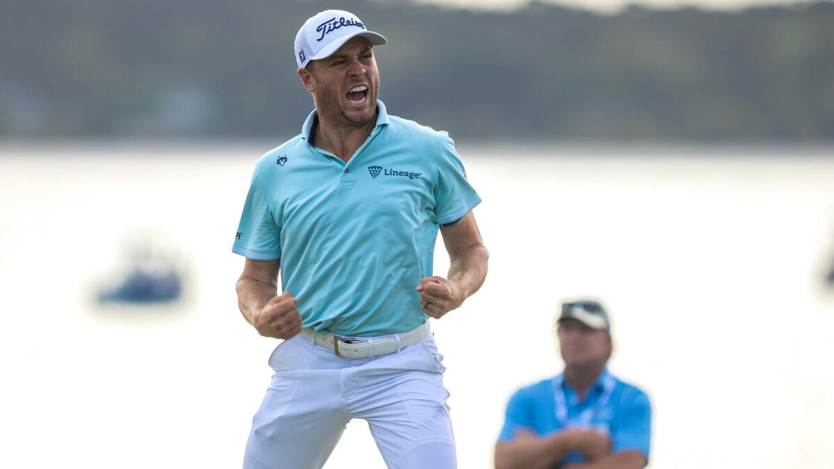 Justin Thomas celebrates the tournament winning putt on the 18th hole following the final round of the RBC Heritage Presented by Boeing at Harbour Town Golf Links on Sunday, April 20, 2025, in Sea Pines on Hilton Head Island. 