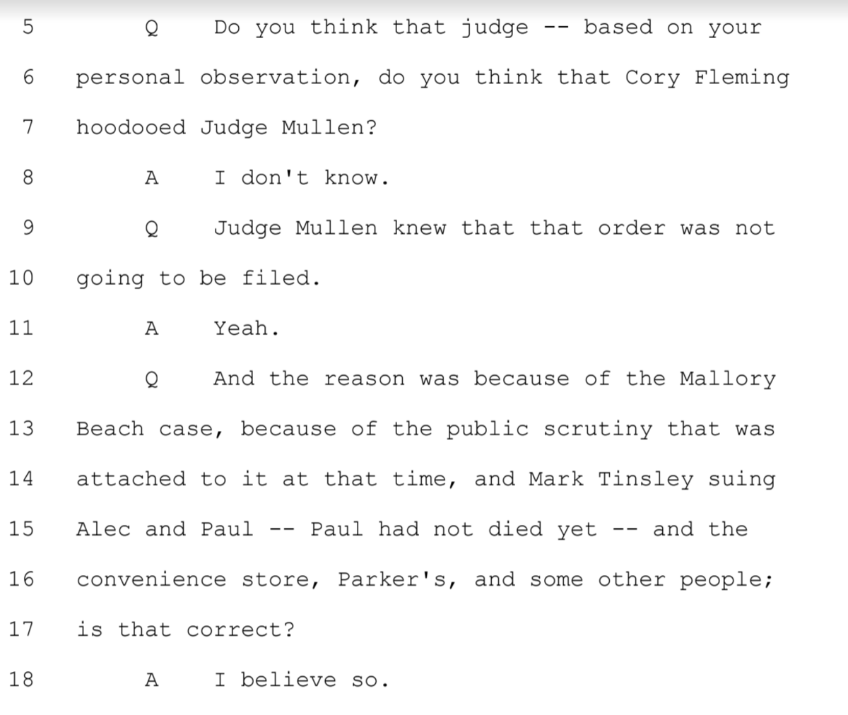In an excerpt from a sworn deposition, Hampton banker Chad Westendorf told attorney Eric Bland that Judge Carmen Mullen knew a 2019 settlement for the family of Gloria Satterfield was not going to be filed in court.