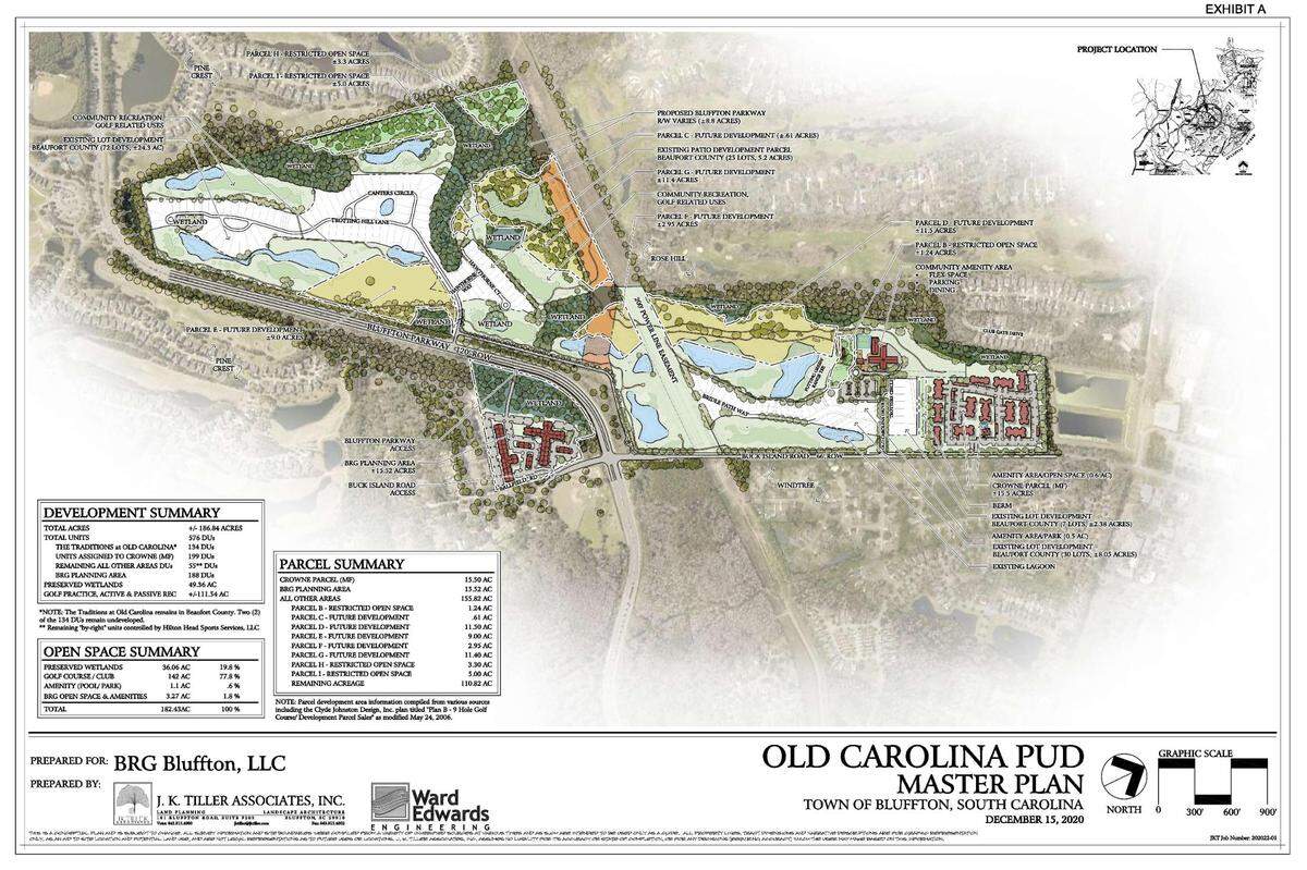 The master plan for the Old Carolina Planned Unit Development, where developers are proposing a new apartment complex at the intersection of Buck Island Road and Bluffton Parkway.