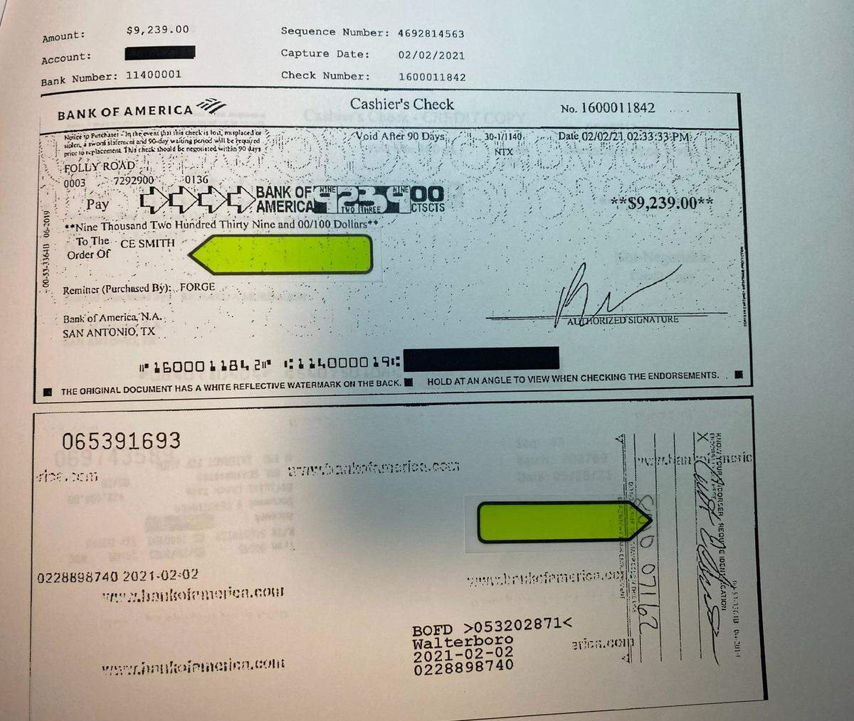 A $9,239 Bank of America cashier’s check from Alex Murdaugh to Curtis Smith and endorsed by Smith’s signature, dated as Feb. 2, 2021. This check is one of 17 obtained by the State and Island Packet newspapers totaling to $155,970 between October 2020 to May 2021.. NOTE: The yellow arrows were added to the check by reporters and were not part of the original copy.