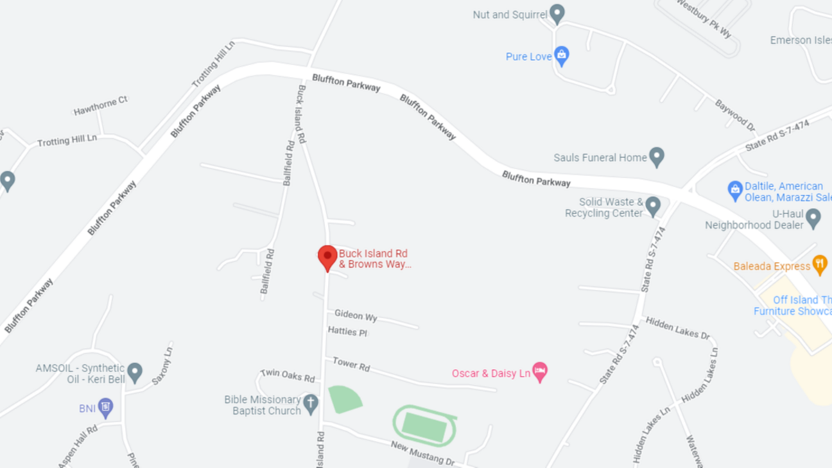 Map of Buck Island Road and Browns Way, where a modular home was reported as stuck in a ditch on May 3, 2022, according to the Bluffton Police Department.