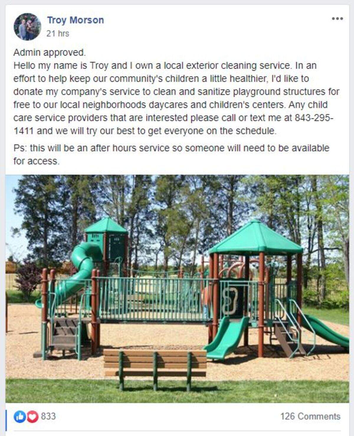 A March 13, 2020 post in a community Facebook group by Troy Morson advertised free after-hours cleaning and sanitization services for Beaufort County playground structures as local events were cancelled in an effort to stop the spread of the coronavirus.