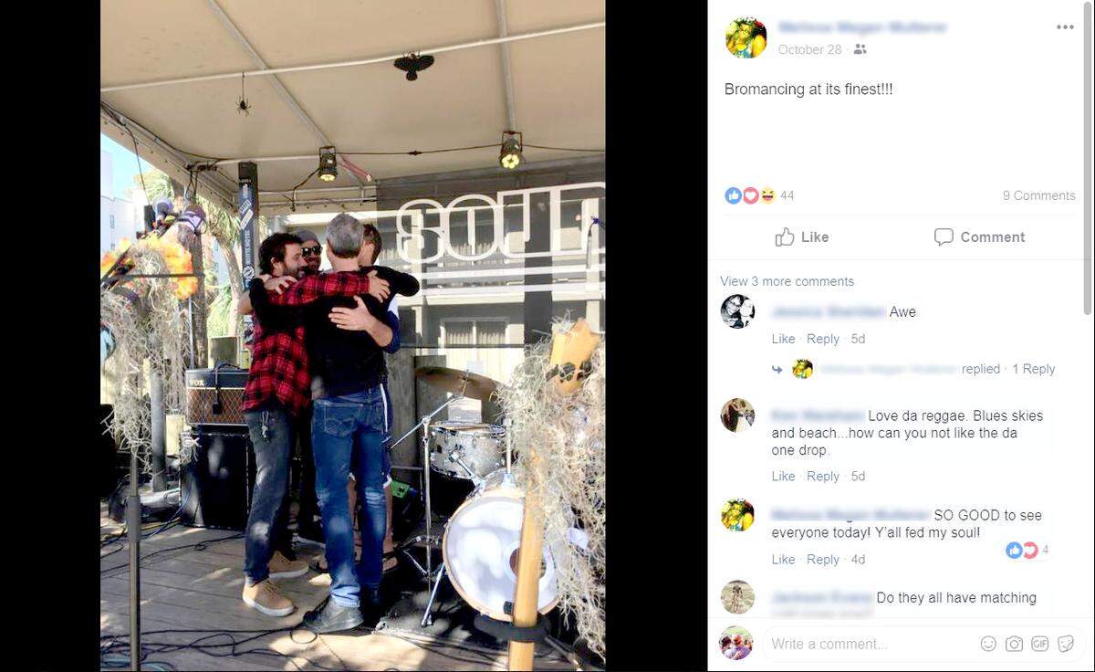 This Facebook screen-grab shows members of Hilton Head band SoundBoy embracing after drummer Greg Critchley received a painting memorializing his dog, “Caleb.”