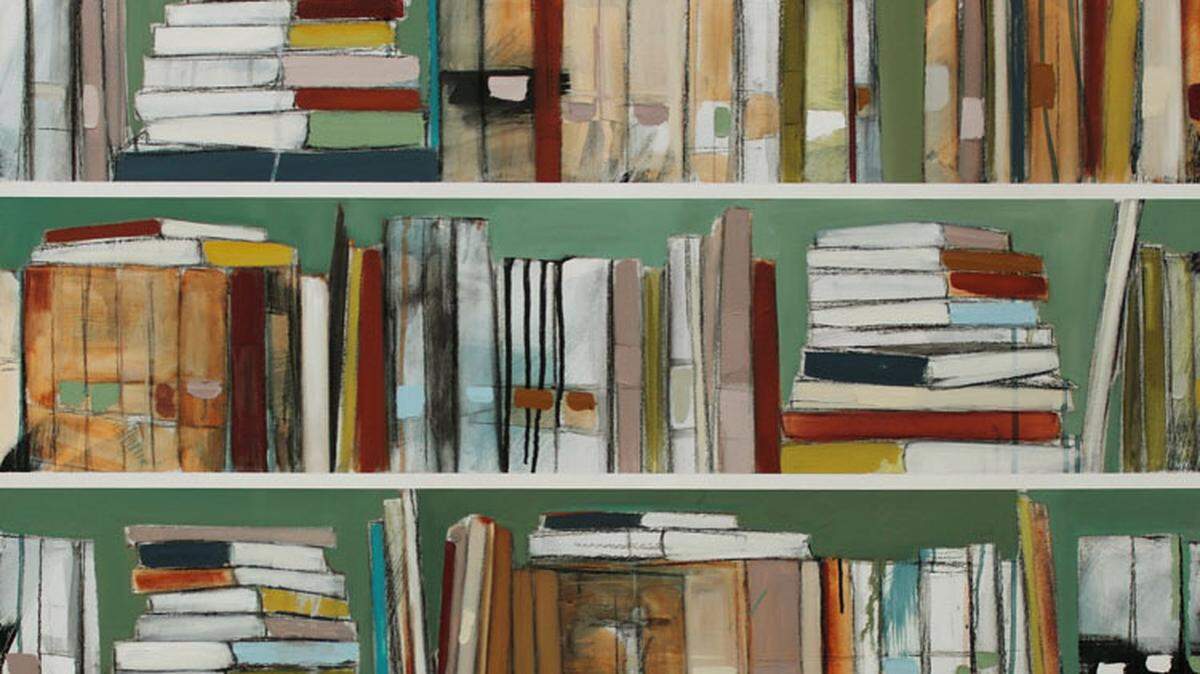 A painting of bookshelves by artist Jerry Brem is part of a series inspired by his 4-year-old daughter, who would move books around on the family's bookshelf.