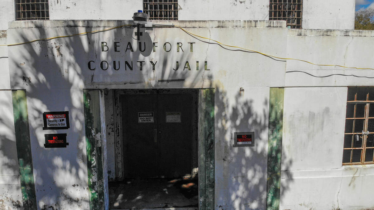 This drone photo, taken on March 7, 2024, shows the front entrance of the old Beaufort County Jail. The structure, built in 1939, is located in the Northwest Quadrant and is listed on the National Register of Historic Places as a contributing structure to Beaufort’s Historic District. The jail will be converted into nine residential condominiums and will be renamed Justice Place according the developers website.