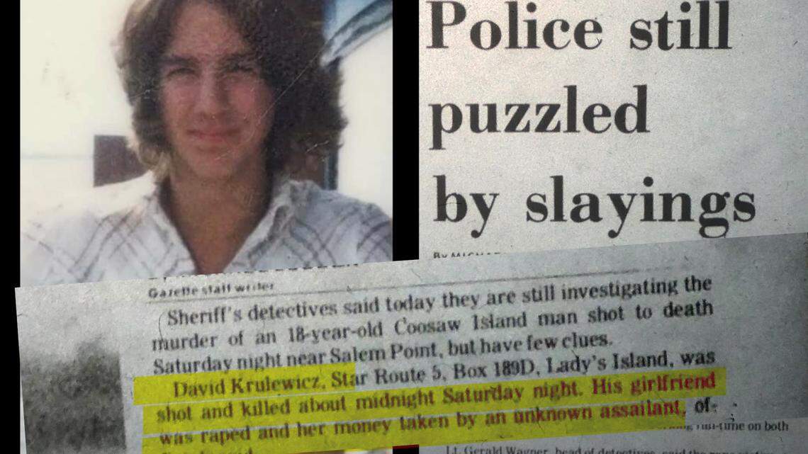 A photo illustration of David Krulewicz with a news clipping from the Beaufort Gazette announcng that the Beaufort County Sheriff’s Department had made few leads in solving the murder of Krulewicz and the rape of his girlfriend Susan (Weed) Neal.