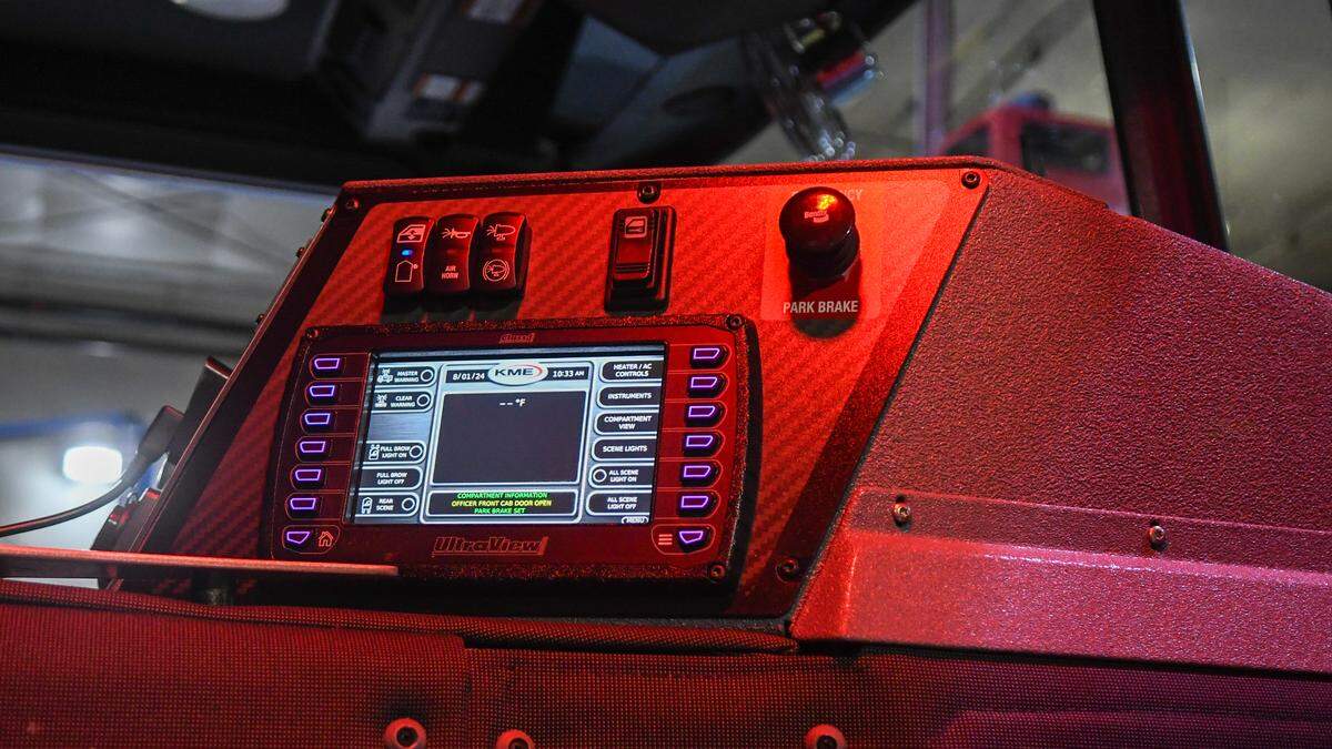 A parking brake allows the chief to stop the new custom designed KME pumper truck if the firefighter driving has a medical emergency as seen on Aug. 1, 2024 in the service bay at Hilton Head Island Fire Rescue’s headquarters on Hilton Head.