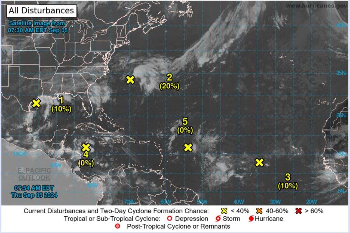 A two-day outlook of percent formation chance for the five tropical disturbances in the Atlantic on Thursday, Sept. 5, 2024.