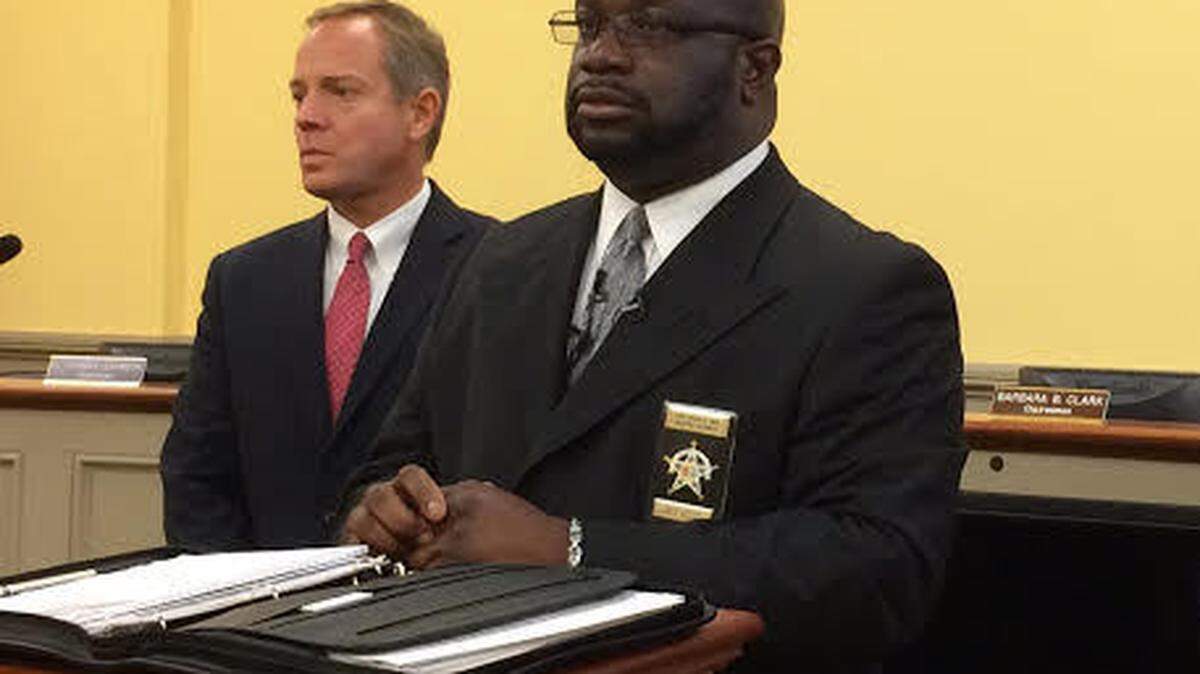 Jasper County Sheriff Gregory Jenkins, right, and 14th Circuit Solicitor Duffie Stone addressed a rash of fatal shootings in Ridgeland and Hardeeville at a Nov. 20, 2014, news conference.