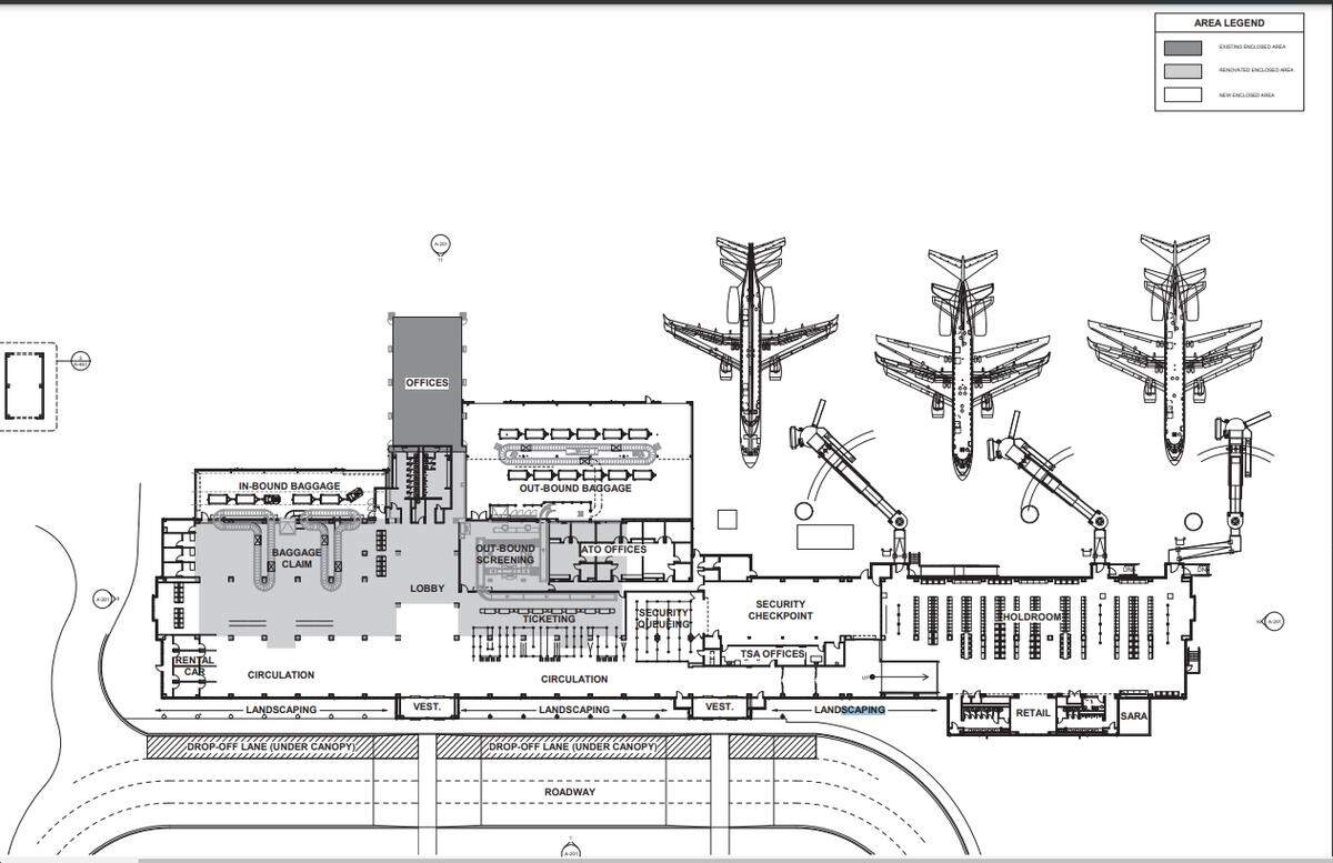 The preliminary plan for a new terminal at Hilton Head Island Airport. The grey shaded area is the existing terminal.