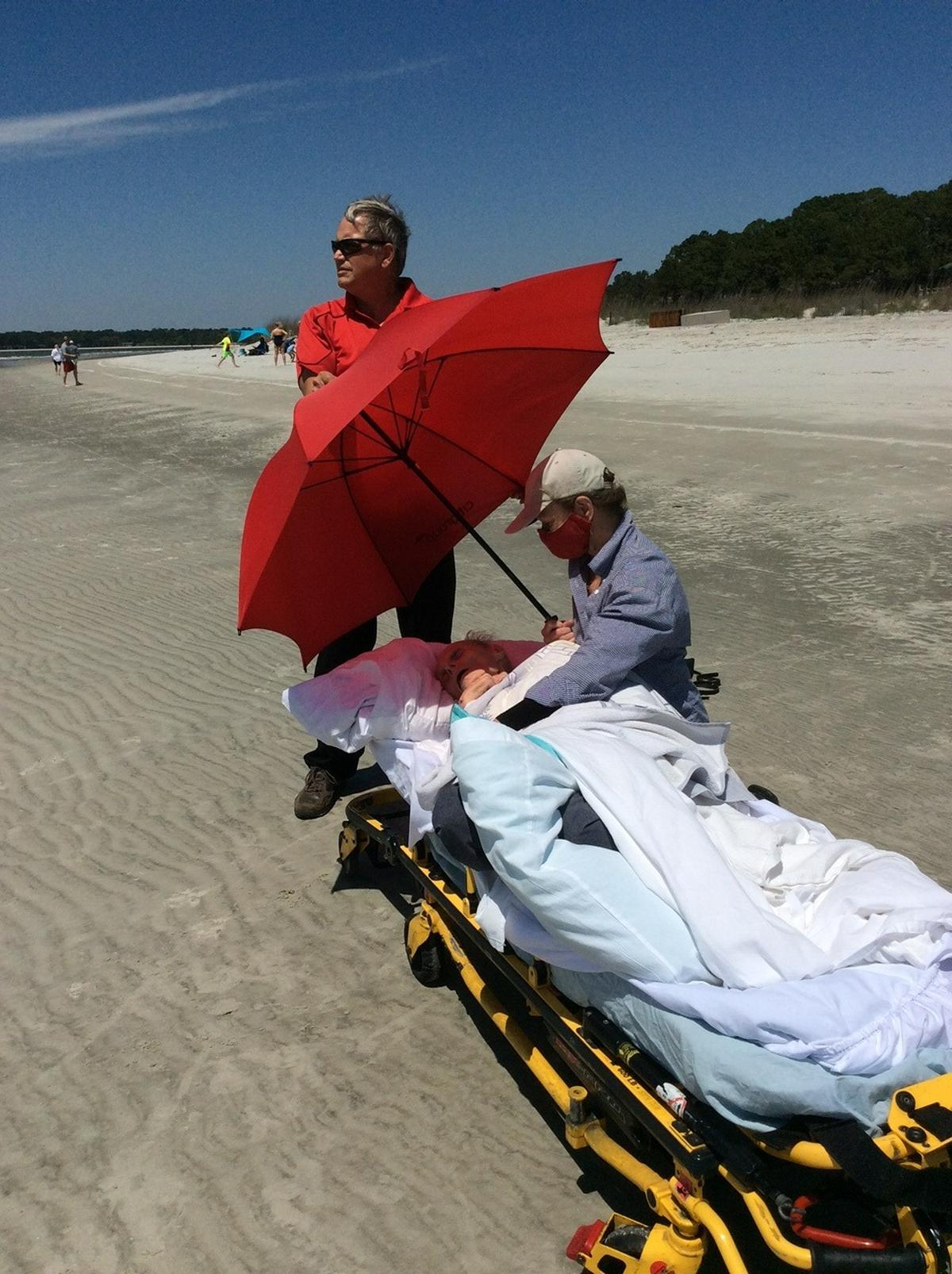 Jan and Joseph Eagers on Joseph’s final trip to Sea Pines’ beach on April 19, 2021. “He could smell the salt air, hear the ocean, feel the sun on his skin,” she said. “His little gray hairs were blowing in the wind.”