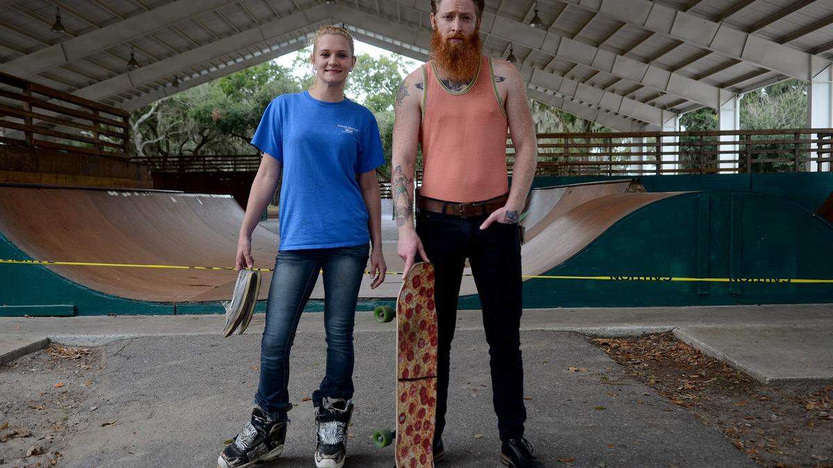Ashley Shoemaker, left, of Burton, and Jared Lewis, of Port Royal, stand for a portrait near the Port Royal Skate Park at the Naval Heritage Park on Dec. 2, 2015, in Port Royal. The childhood friends are organizing a group to clean up the neighboring Naval Heritage Park on Saturday at 8 a.m. in an effort to reopen the facility.