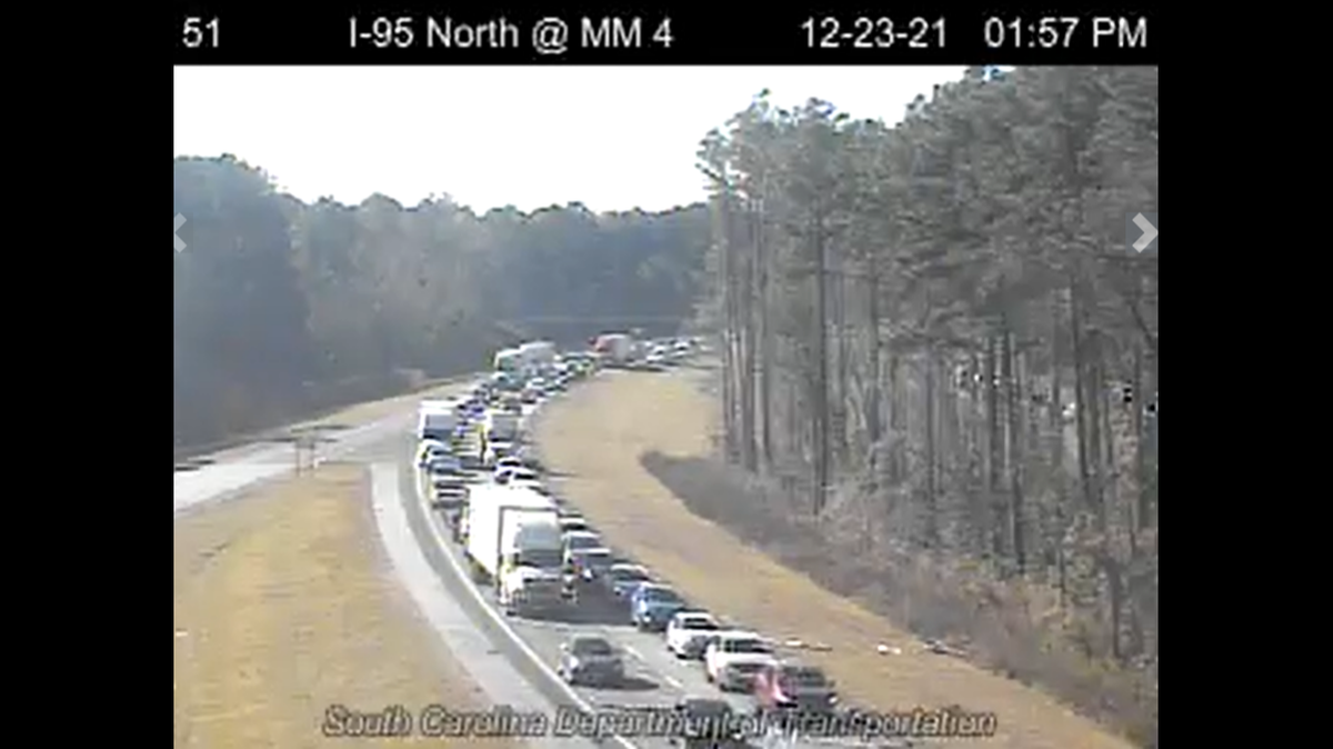 Traffic piling up in both directions on I-95 near Hardeeville on Thursday afternoon, Dec. 23, 2021 as holiday travel gets off to an early start.