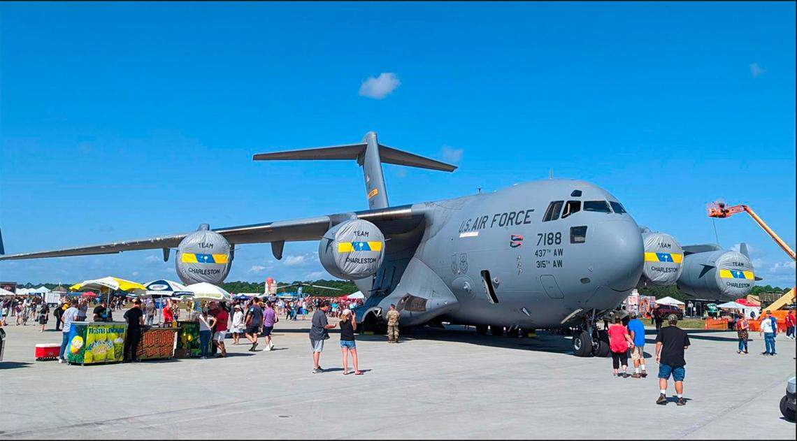 Crowds attend the first day of the MCAS Beaufort Air Show on Saturday, April 22, 2023 admiring a C-17 Globemaster transport. Today is the last day to attend the airshow with gates opening at 9:30 a.m. and opening ceremonies beginning at 11:30 a.m. Along with a wide variety of static military and civilian helicopters and airplanes, visitors will be entertained with a variety of demonstrations including the F-35B with its Short Take-Off and Vertical Landing (STOVL) system. Weather dependant, the U.S. Navy Blue Angels are expected to start their show at 3 p.m.